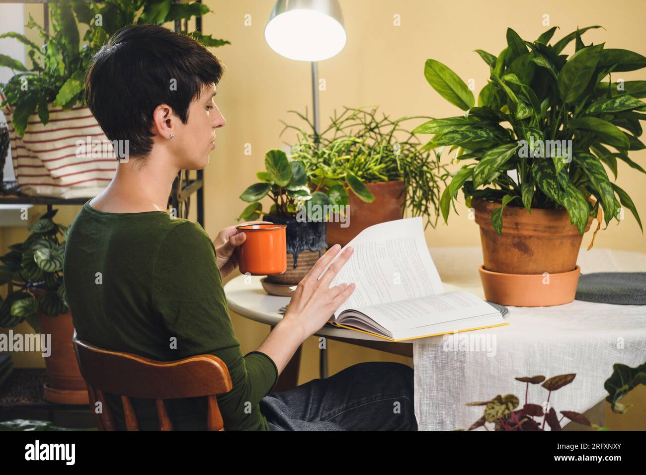 Femme à son lieu de lecture près des plantes d'intérieur. Zone de détente verte dans la chambre avec livre ouvert et fleurs en pot. Femme jouissant de la paix et ayant le repos Banque D'Images