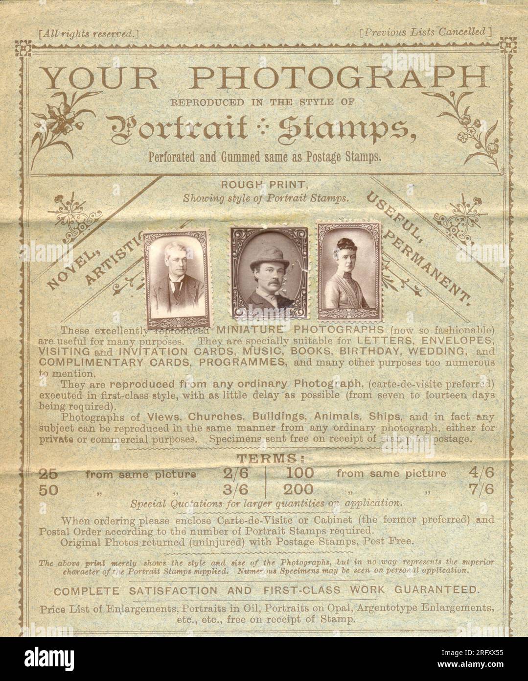 Dépliant publicitaire pour timbres de portrait publié par Artistic Photographic Co., Londres vers 1895 Banque D'Images