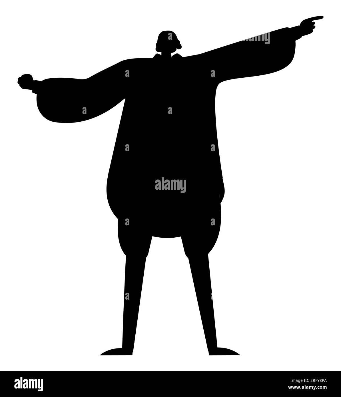Silhouette noire d'un homme de bande dessinée portant des vêtements baggy et pointant vers quelque chose, vecteur isolé sur fond blanc Illustration de Vecteur