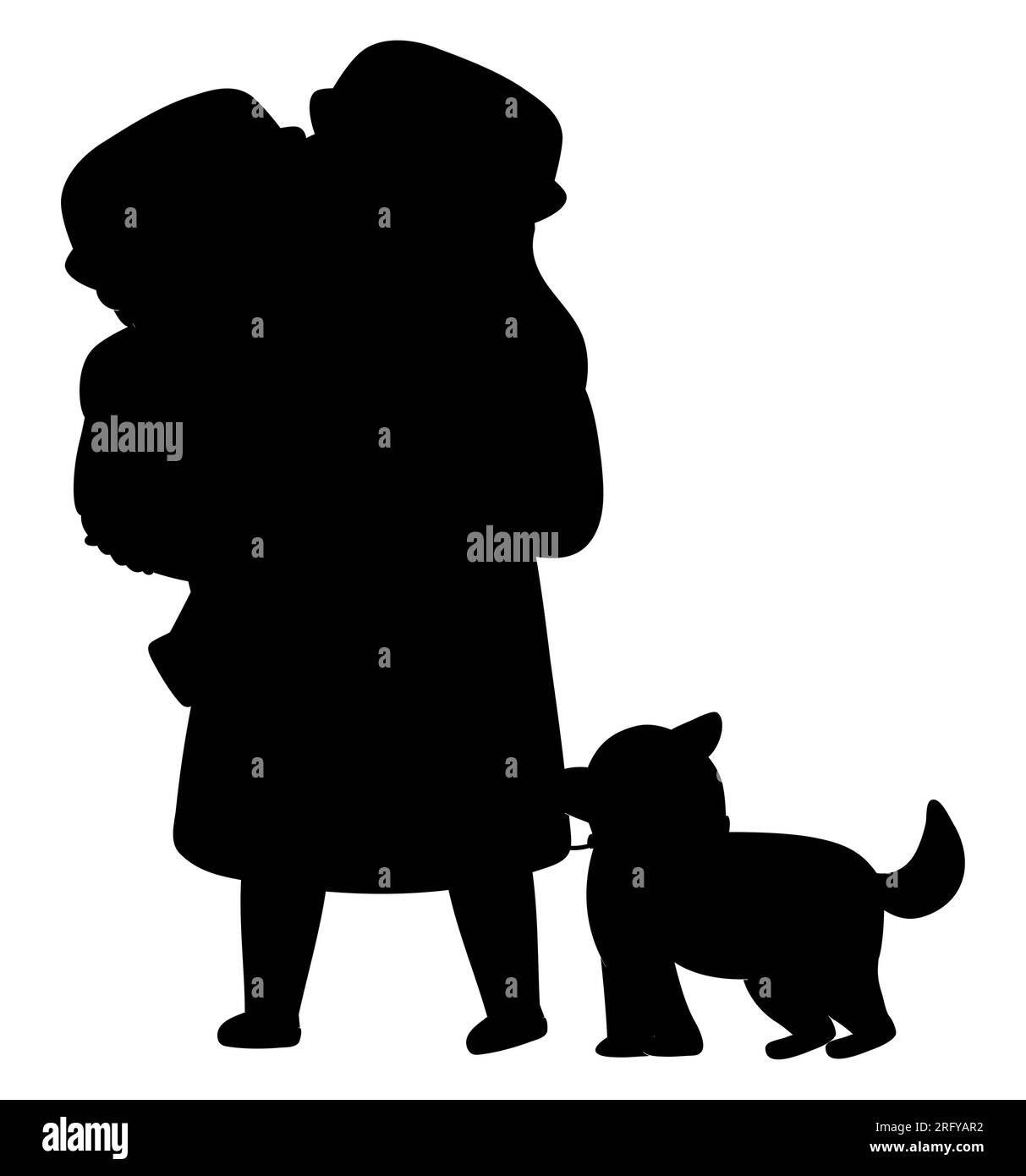 Silhouette noire d'un homme de dessin animé tenant son fils avec un chien tout en marchant dehors en hiver, vecteur isolé sur fond blanc Illustration de Vecteur