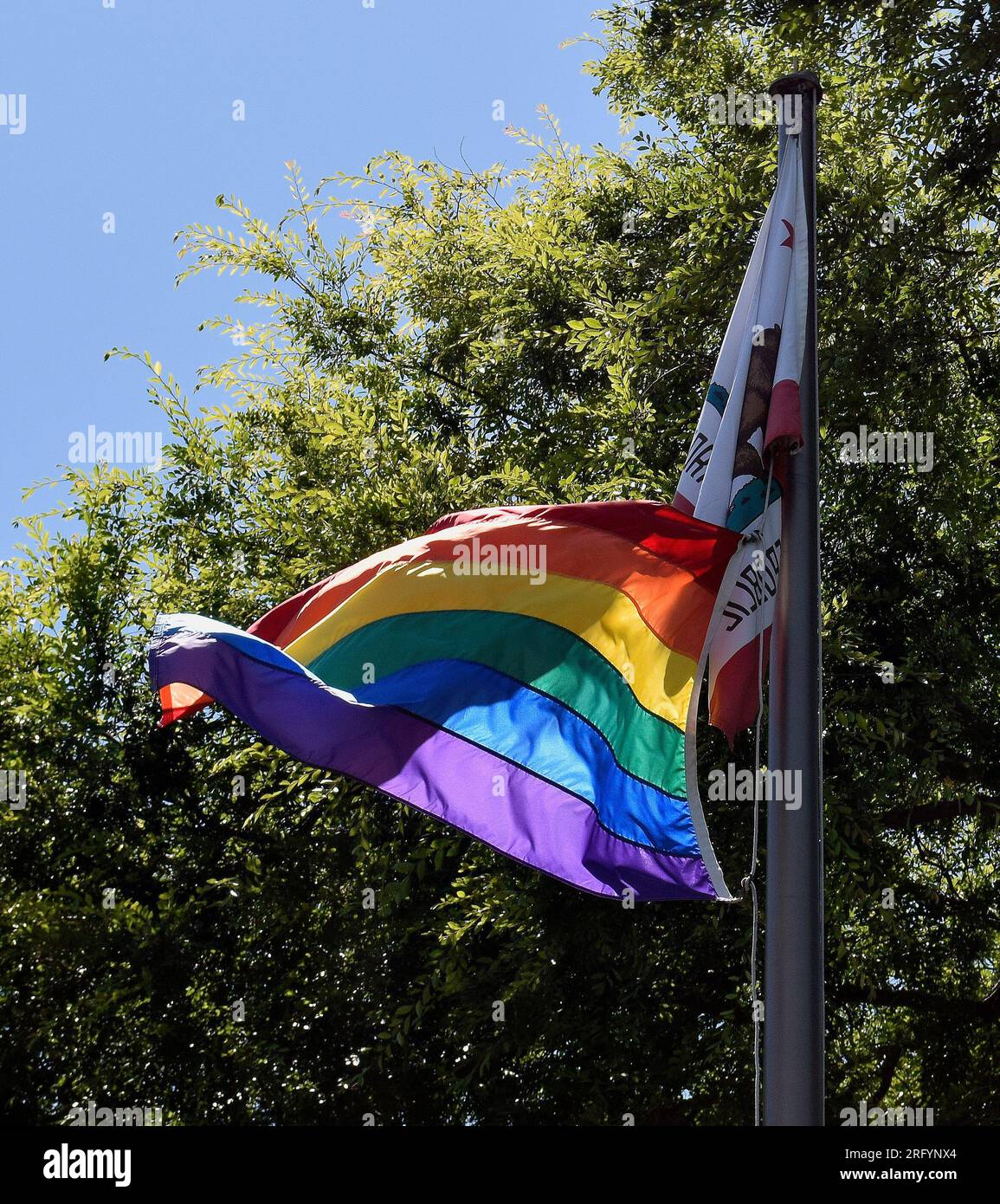 Drapeau LGBTQ volant dans une ville du comté d'Alameda, en Californie Banque D'Images