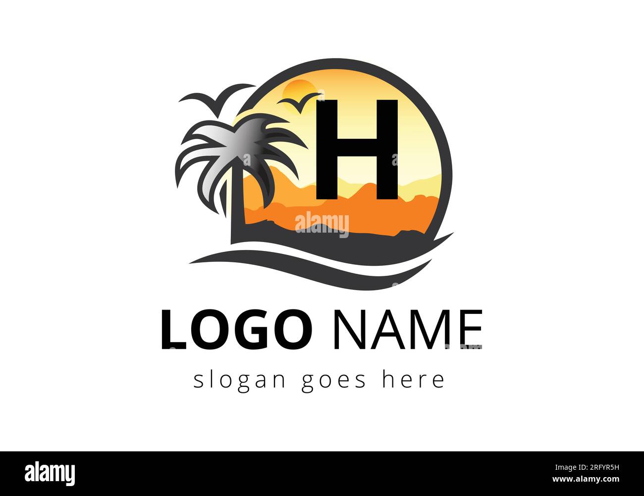 Logo de la plage sur le signe vectoriel de la lettre H. Sunset Summer Travel logo Plage, Mer, modèle vectoriel de conception de logo Sunset. Illustration de Vecteur