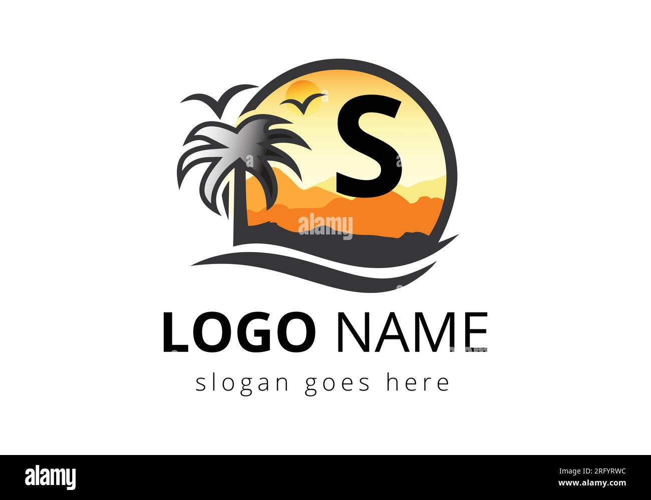 Logo de la plage sur le signe vectoriel de la lettre S. Sunset Summer Travel logo Plage, Mer, modèle vectoriel de conception de logo Sunset. Illustration de Vecteur