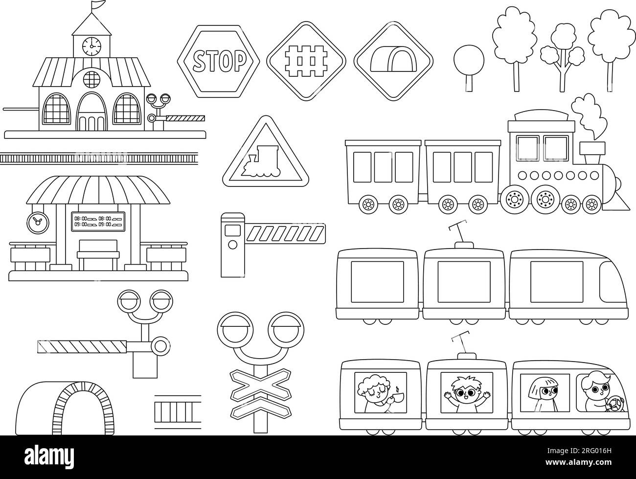 Set de transport ferroviaire noir et blanc Vector. Collection drôle de transport ferroviaire de ligne avec train, train à vapeur, panneaux routiers, clip de gare Illustration de Vecteur