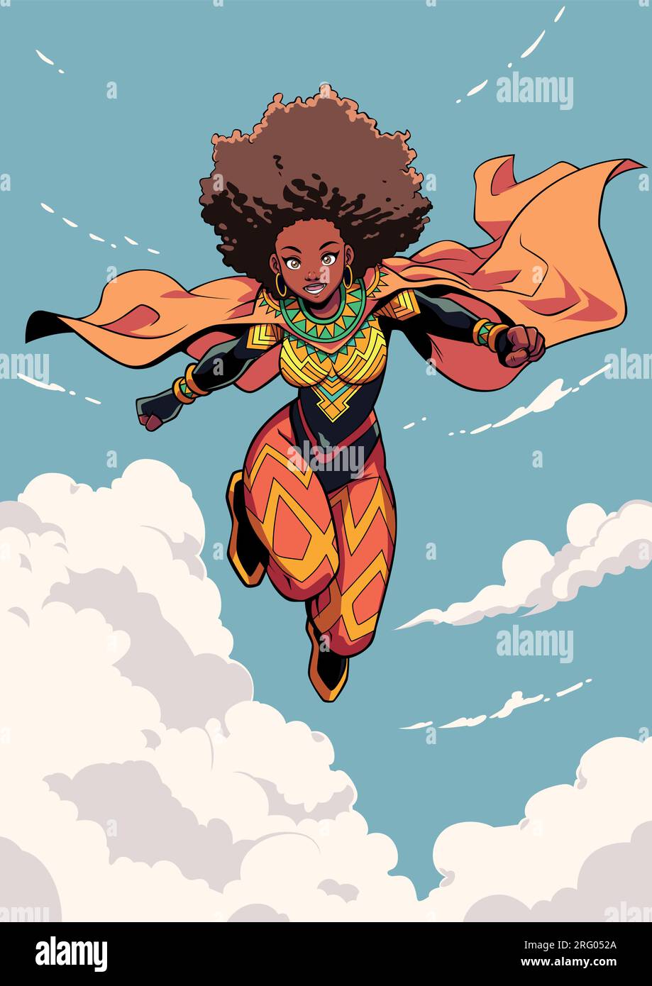 Super-héros féminin africain Flying Anime Illustration de Vecteur