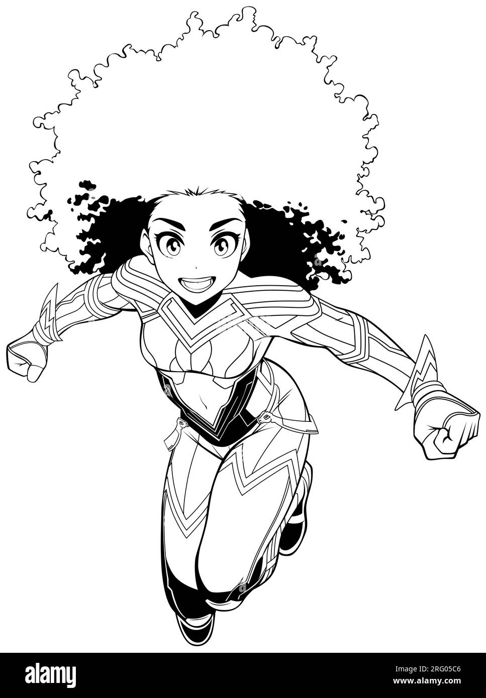 Super-héros féminin africain Flying Anime Line Art Illustration de Vecteur