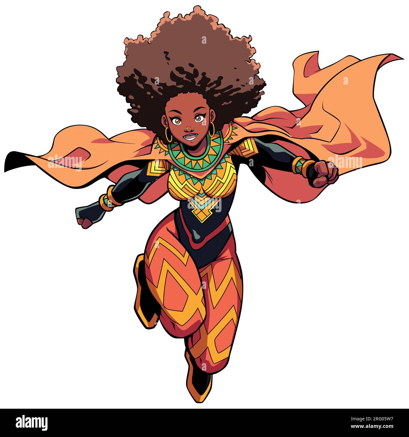 Super-héros féminin africain Flying Anime isolé Illustration de Vecteur