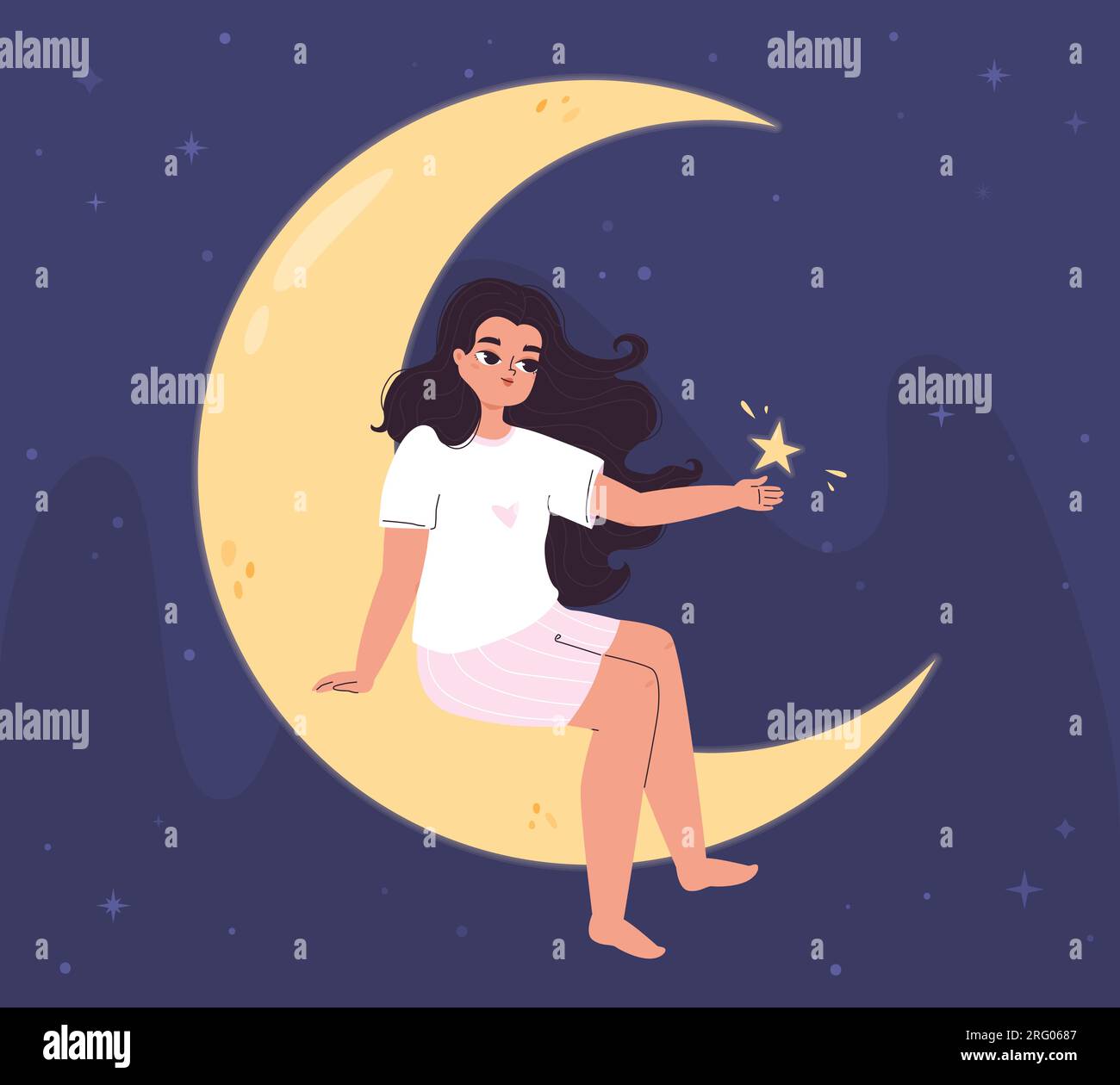 Fille rêve sur la lune, femme la nuit assis sur le croissant et tenant l'étoile. Imaginez ou dormez, concept de nuit magique de dessin animé. Vecteur d'imagination snogly Illustration de Vecteur