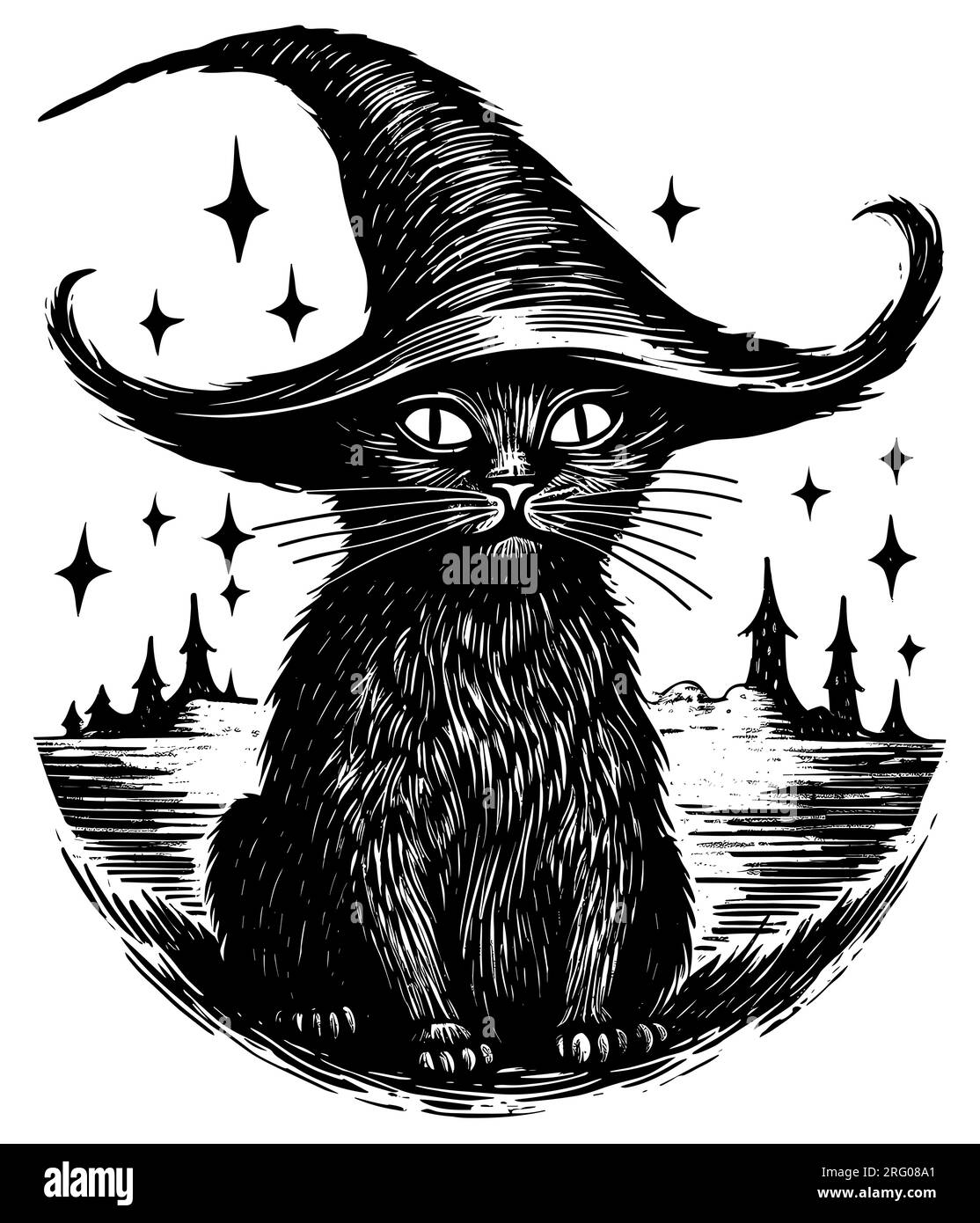 Chat noir avec chapeau de sorcière Illustration de Vecteur