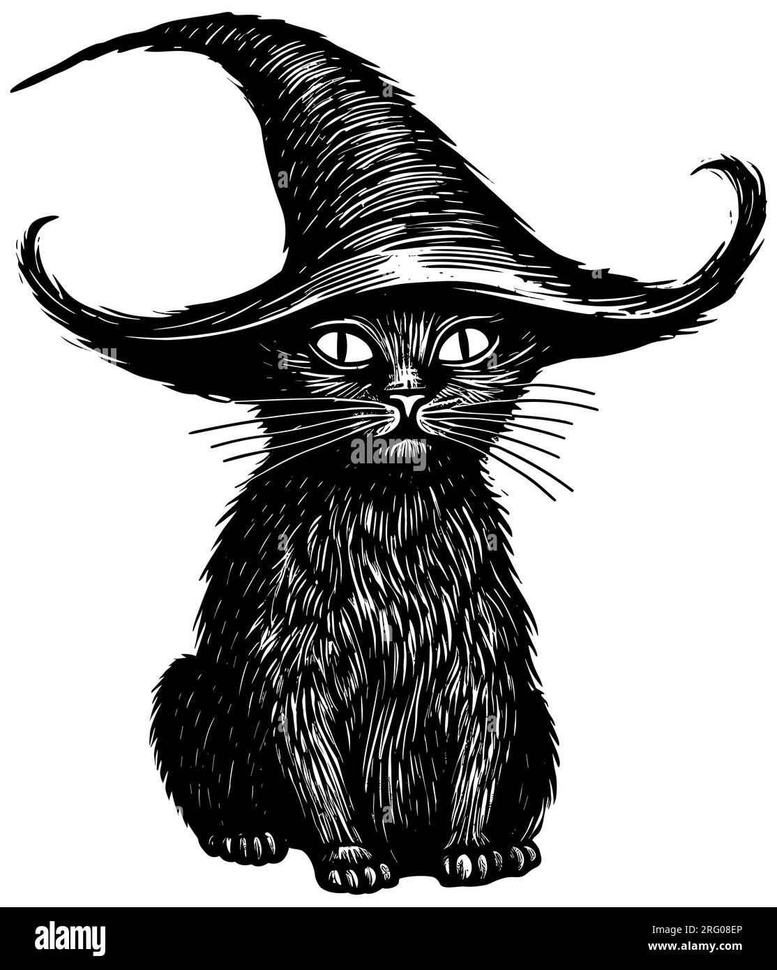 Chat noir avec chapeau de sorcière sur blanc Illustration de Vecteur