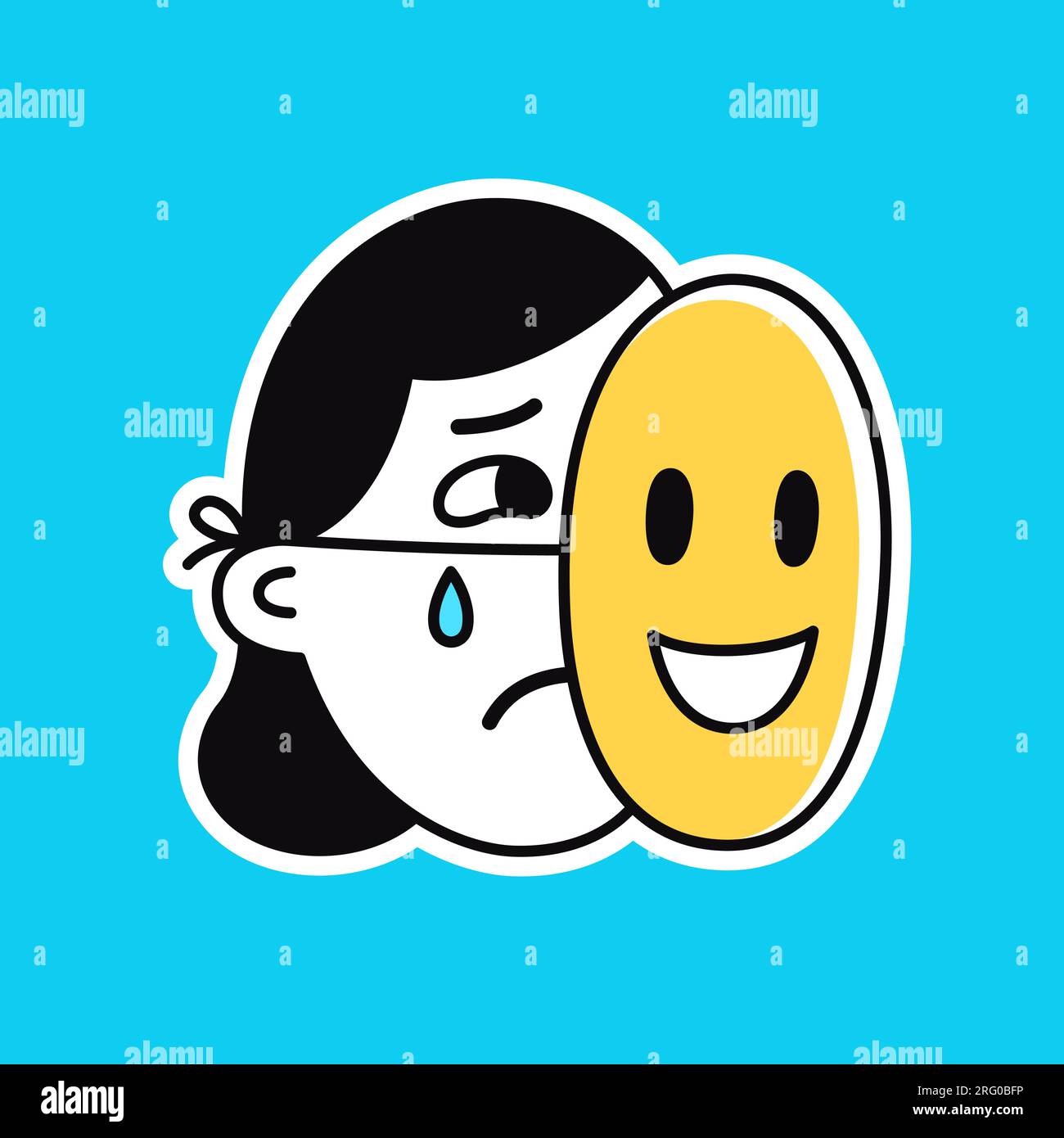Femme triste pleurant se cachant derrière un masque heureux. Illustration vectorielle simple de dessin animé. Illustration de Vecteur