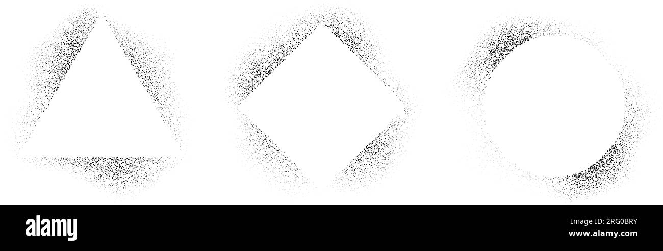 Cadres carrés, circulaires et triangulaires avec effet pochoir en spray. Collection d'ombres grunge à bordure pointillée. Faisceau de forme de bruit délavé. Éléments éclaboussés pour zone de texte, bannière, affiche, modèle. Vecteur Illustration de Vecteur