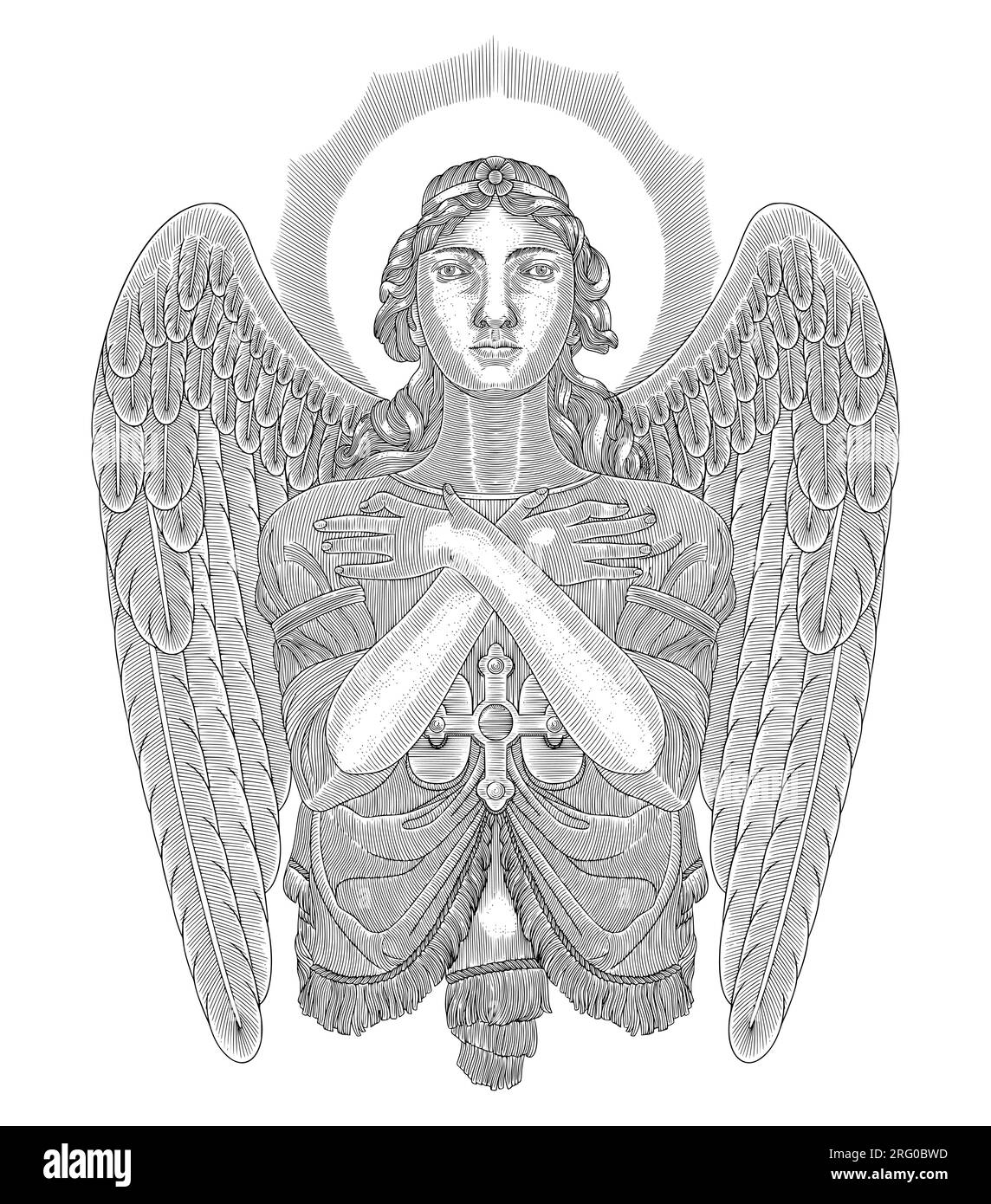 Vierge Marie avec croix et ailes, gravure vintage dessin style illustration vectorielle Illustration de Vecteur
