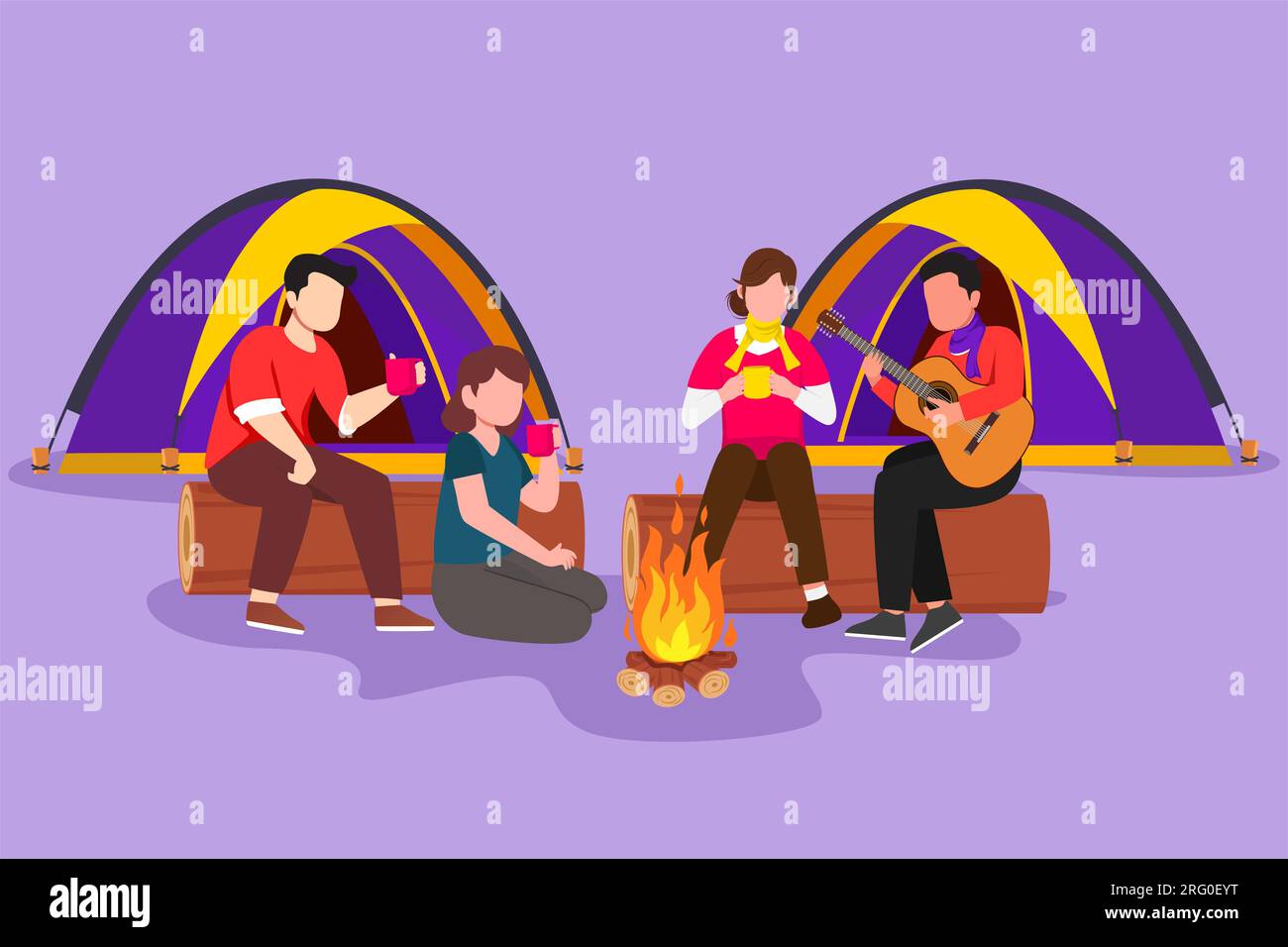 Personnage plat dessinant deux randonneurs de couple assis sur le rondin de bois près d'un feu de camp dans la forêt. Les gens boivent du thé chaud et l'homme joue de la guitare. Matériel de camping Banque D'Images
