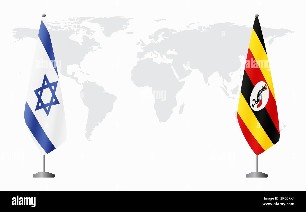Drapeaux d'Israël et d'Ouganda pour la réunion officielle sur fond de carte du monde. Illustration de Vecteur
