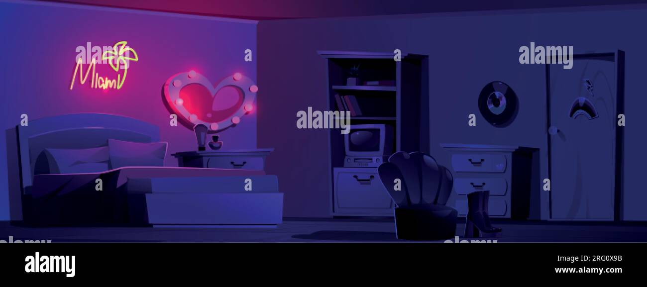 Girly chambre rétro la nuit. Illustration de dessin animé vectoriel de la  chambre groovy des adolescentes avec lit, vieil ordinateur et livres sur  l'étagère de bibliothèque, miroir de coeur et lampe au