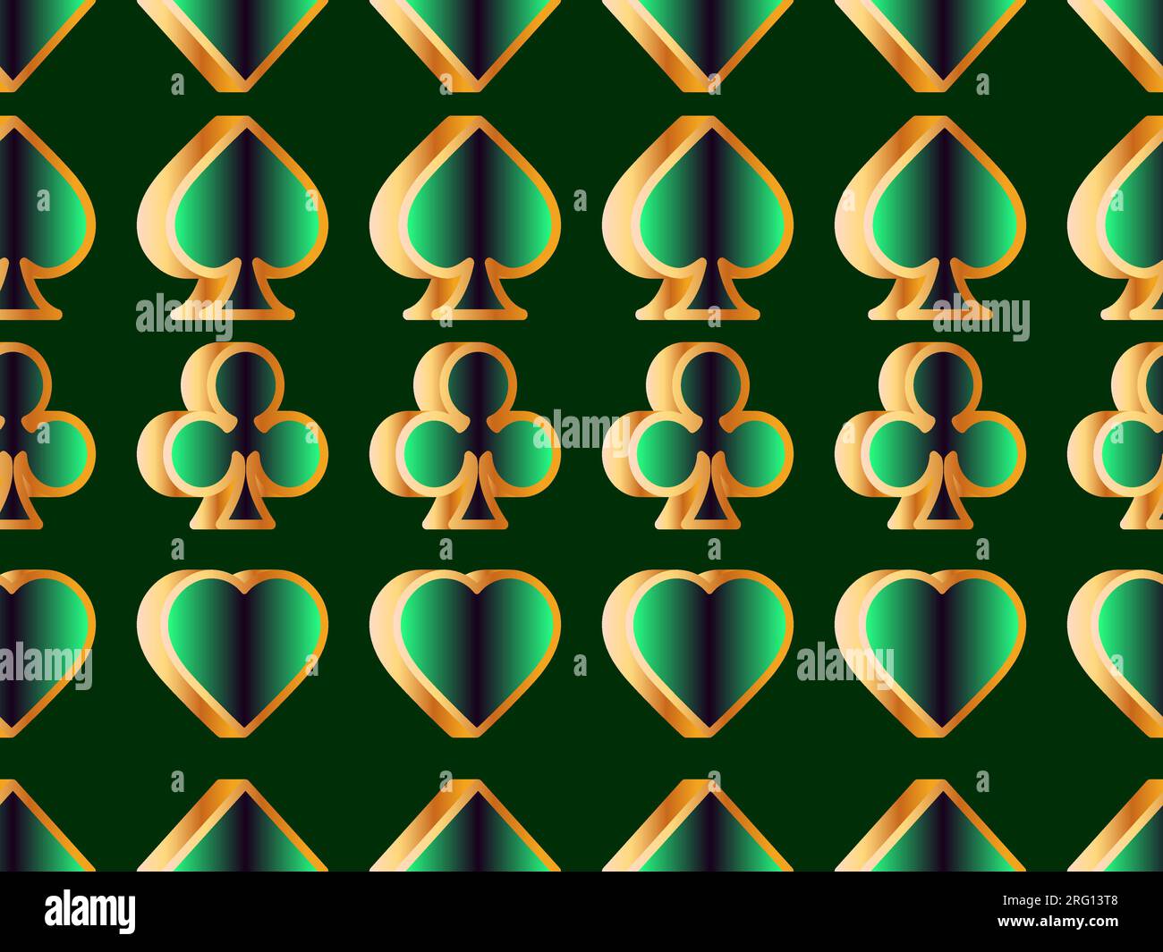 Modèle sans couture avec des costumes de carte : diamants, coeurs, clubs, pique dans le style 3D. Costumes de cartes isométriques en couleur or avec dégradé vert. Conception de l'impression Illustration de Vecteur