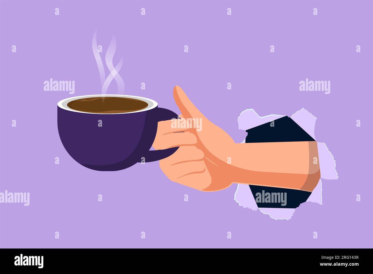 Dessin de style plat de dessin animé de la main de l'homme droit tenir une tasse blanche avec du café ou du thé. Trou déchiré dans le papier bleu ou trou, espace de copie. Concept de pause déjeuner Banque D'Images