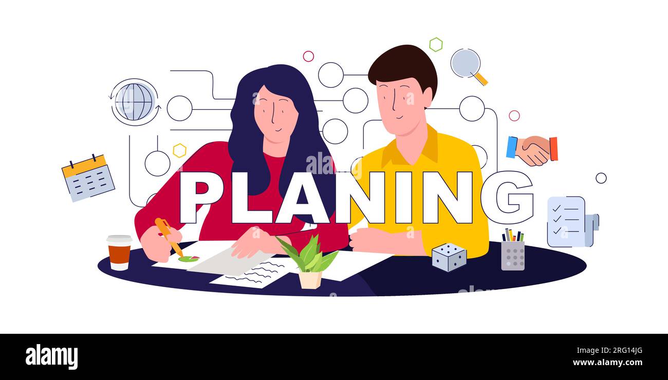 planification d'entreprise coopération stratégie de gestion de réussite objectif cible mission de processus de tâche complète avec garçon et fille discussion lieu de travail Illustration de Vecteur