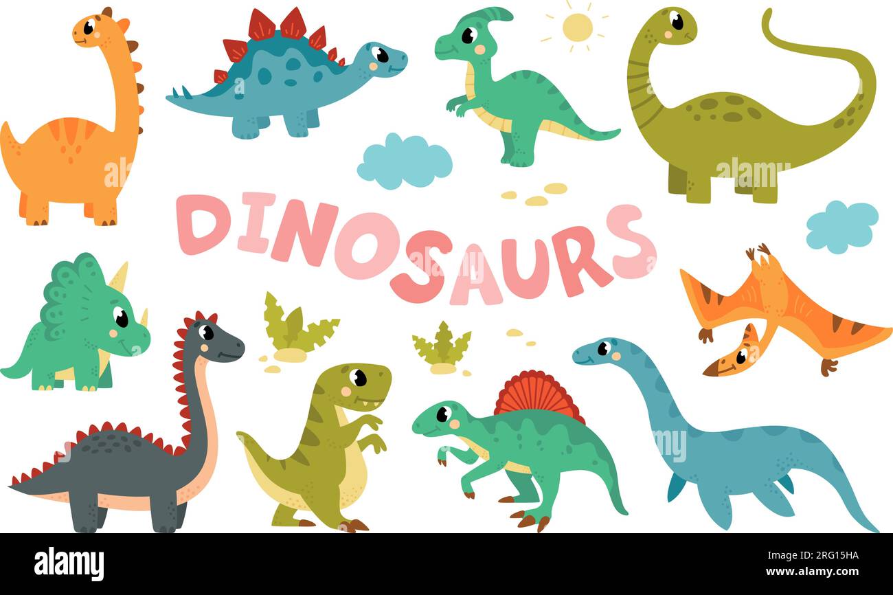 Mignon dinosaure herbivore plat, dinosaures de bande dessinée et reptiles. Personnages Dino doodle, enfants jurassic Park animaux. Monstres préhistoriques classe Illustration de Vecteur