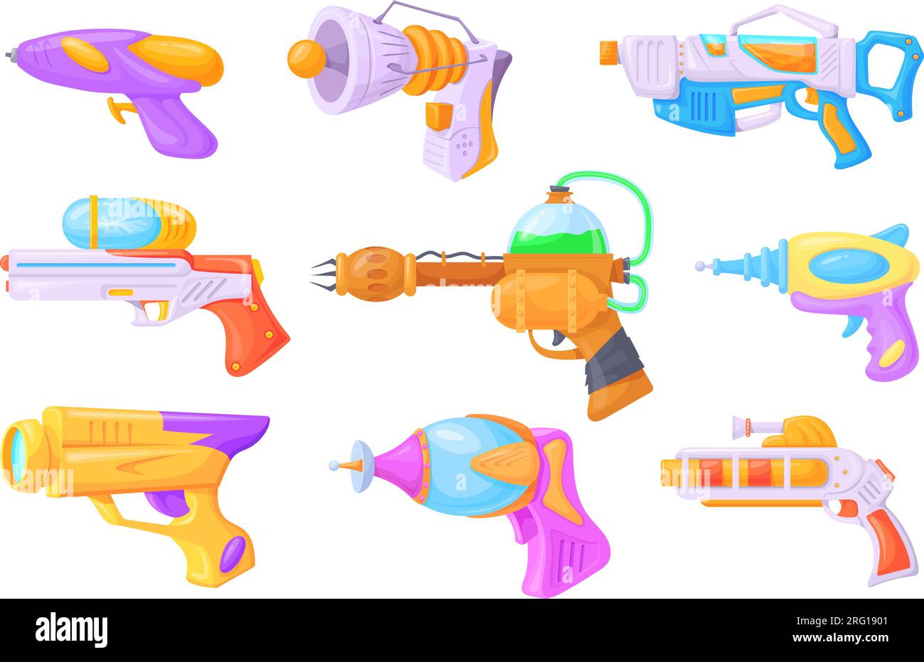 Blasters spatiaux de dessins animés. Pistolets futuristes pour les enfants jouent à l'espace jeu de guerres extraterrestres, laser blaster à faisceau d'arme plasma future Weaponization rétro pistolet laser scifi, illustration vectorielle soignée Illustration de Vecteur