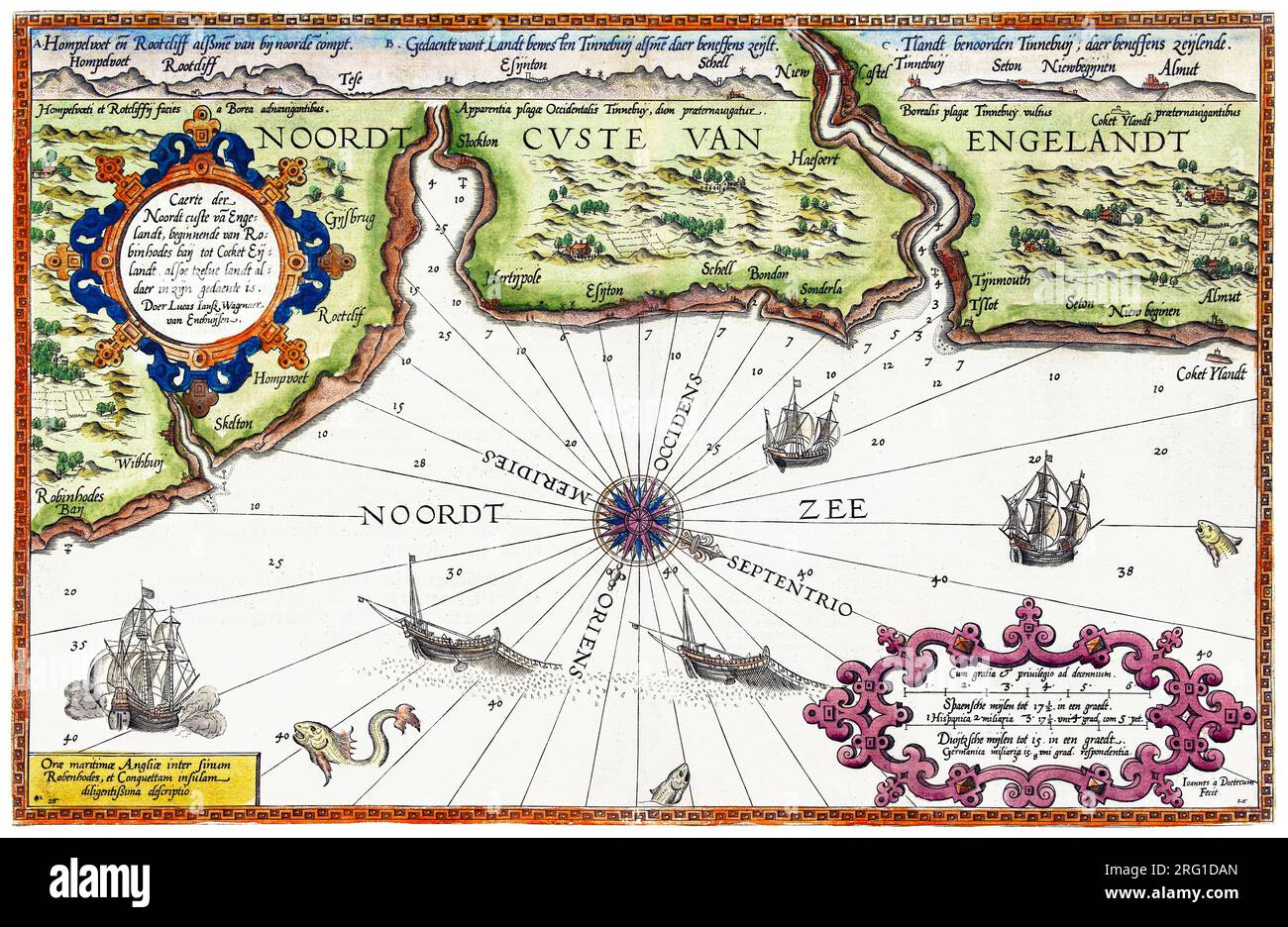 Kaart van de noordkust van Engeland bij Newcastle upon Tyne (1580-1583) de Joannes van Doetechum (I). Original du Rijksmuseum. Banque D'Images