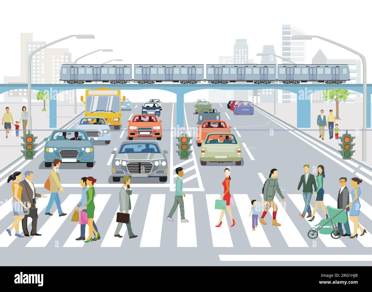 Vue d'ensemble d'une grande ville avec circulation et piétons, illustration Illustration de Vecteur