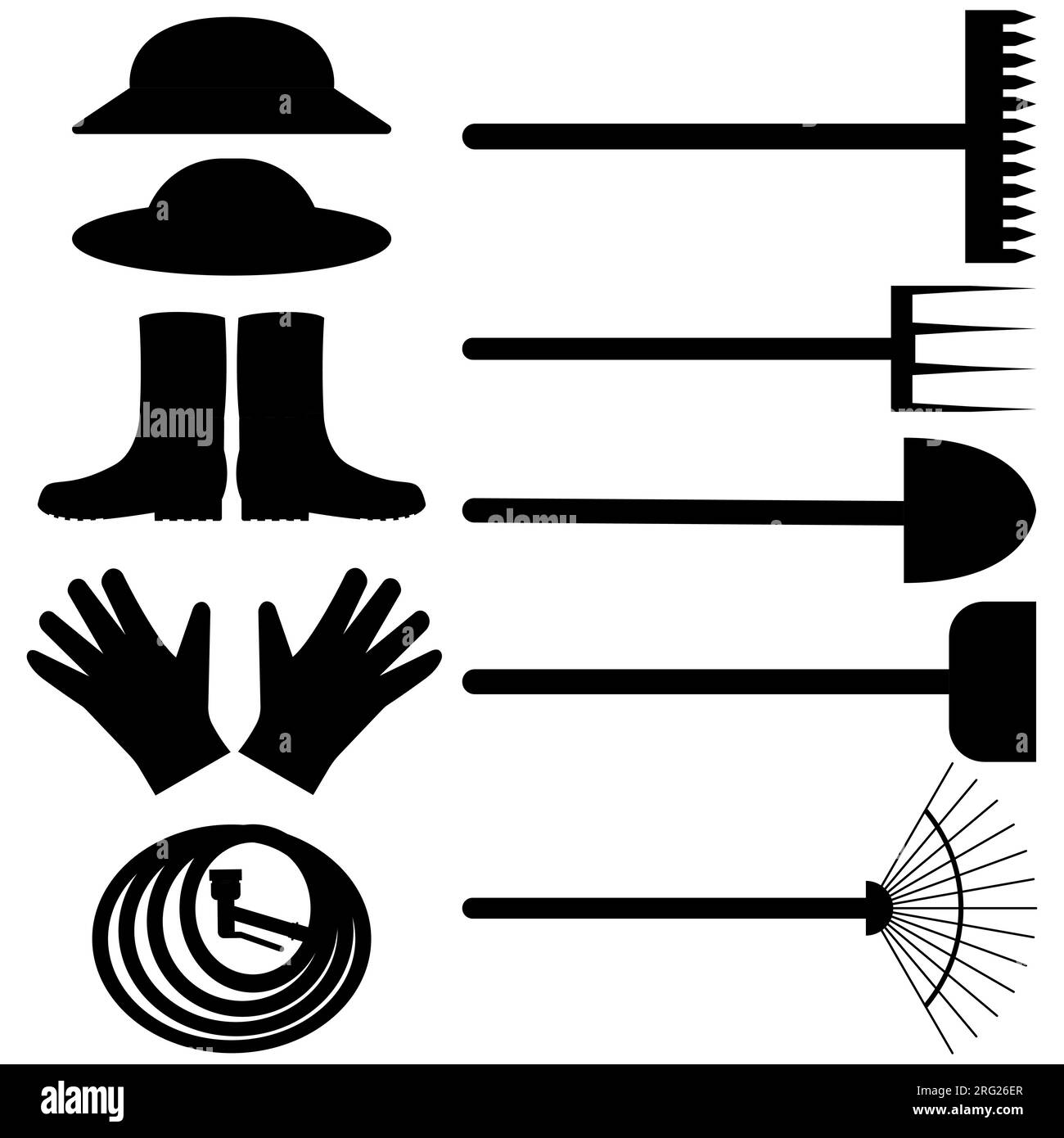 Ensemble d'outils de jardinage et de ferme. Illustration vectorielle. Râteau, pelle, bêche et fourche. Diverses silhouettes. Illustration de Vecteur