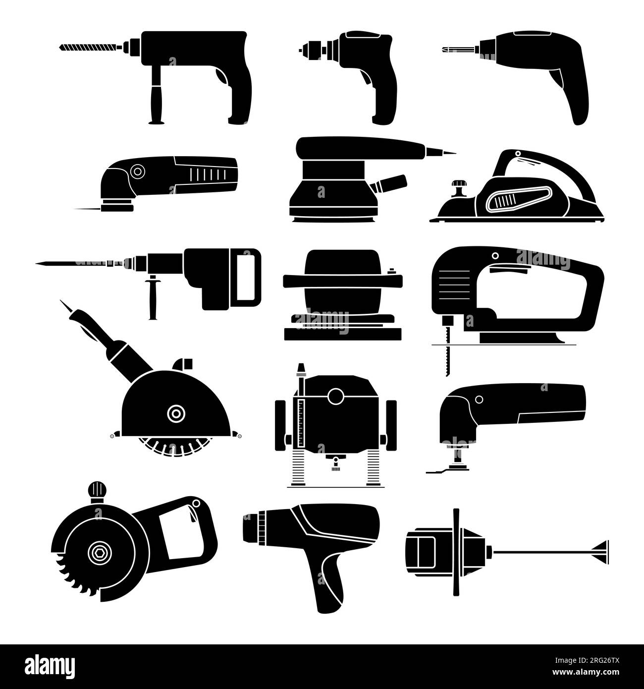 Jeu d'outils électriques. Illustration vectorielle. Matériel de construction, rénovation, menuiserie et travail du bois. Silhouettes noires. Illustration de Vecteur