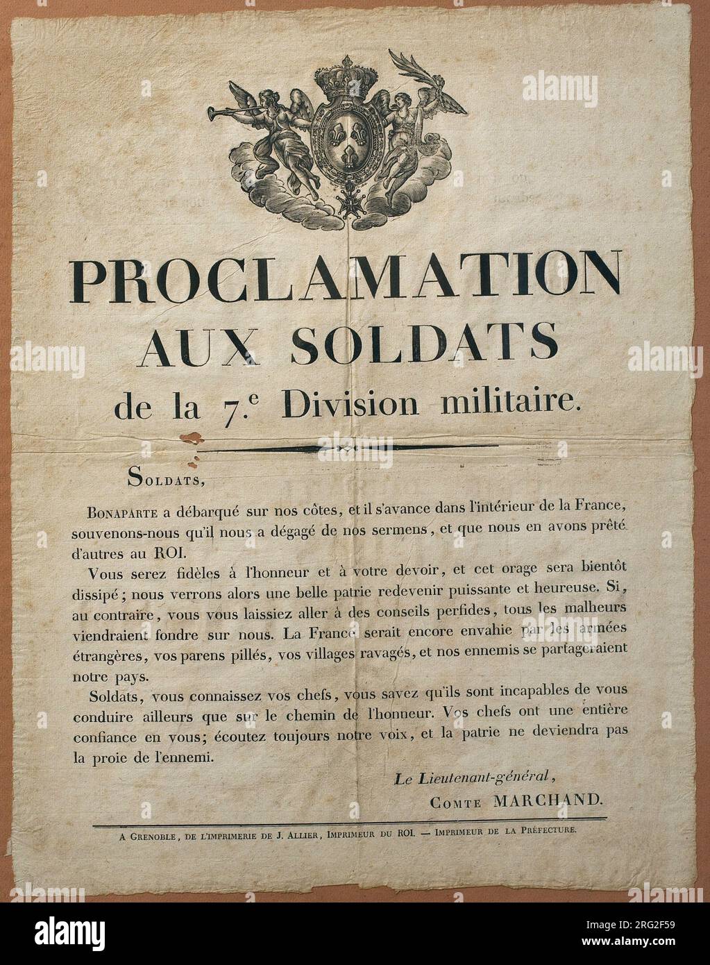 Proclamation aux soldats royalistes de la 7e division militaire, par le lieutenant général Jean Gabriel Marchand (1765-1851), en 1815, lors du démantèlement de l'ile d'Elbe des troupes de Napoléon Bonaparte (1769-1821). Affiche imprimee, 1815, France. Musée napoleonien, Antibes. Banque D'Images