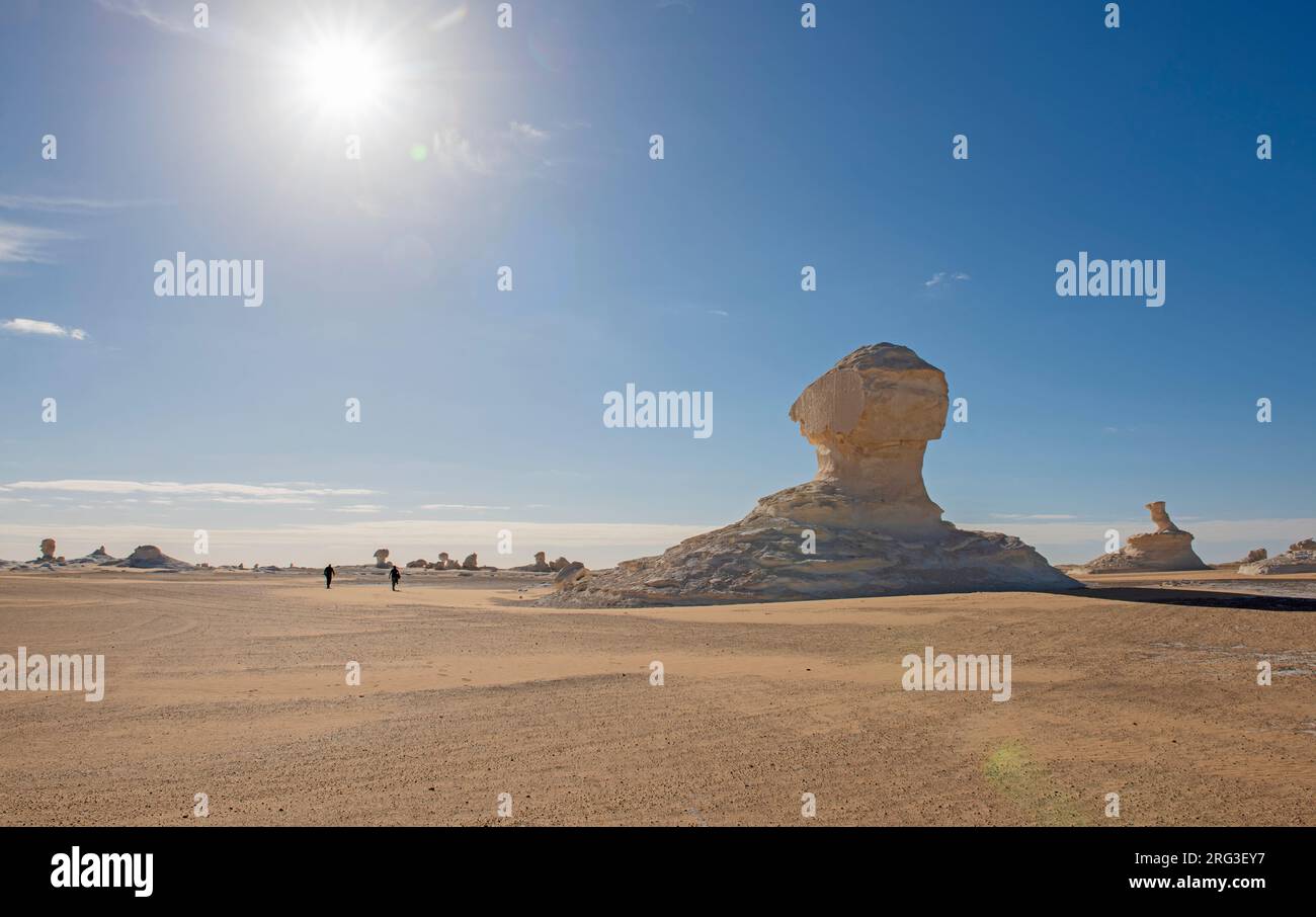 Paysage vue panoramique du désert blanc désertique désertique désertique désertique de l'ouest en Égypte avec des formations rocheuses géologiques craies et des randonneurs Banque D'Images