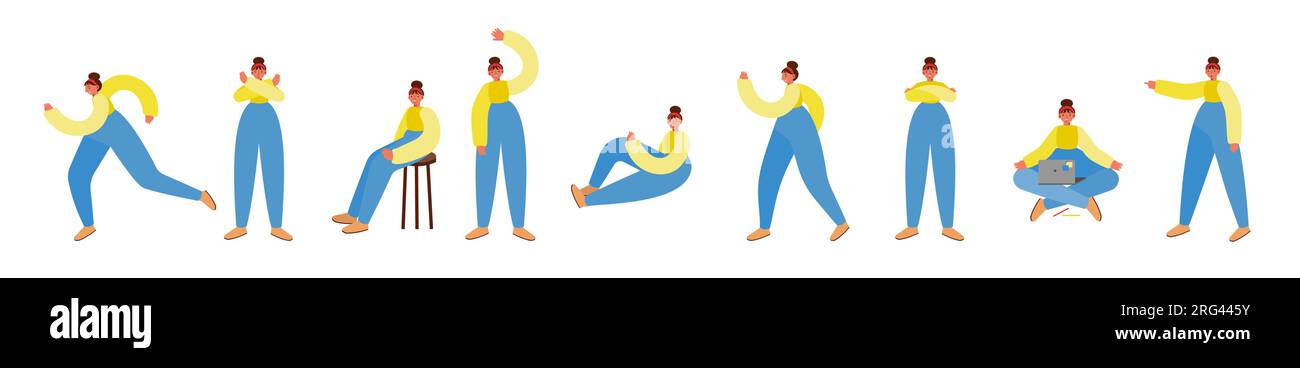Ensemble de poses féminines. Illustrations féminines assises, debout et marchant. Courir, se reposer, agiter la main, pointer, les mains croisées, pas d'accord. Min Illustration de Vecteur