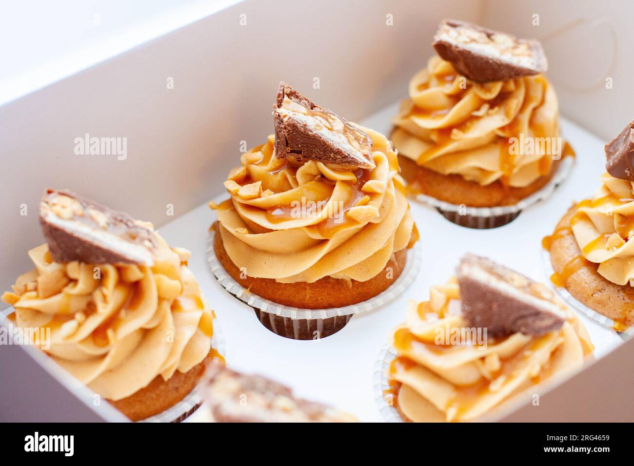 Magnifiques cupcakes au beurre de cacahuète, caramel salé et barre de chocolat sur boîte cadeau en carton Banque D'Images