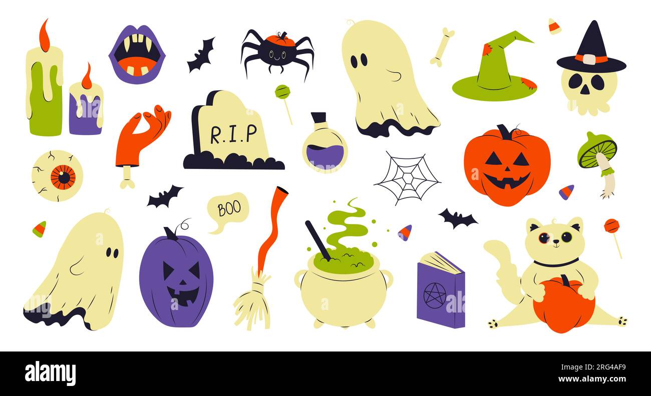 Ensemble mignon de dessin animé d'éléments d'halloween Illustration de Vecteur