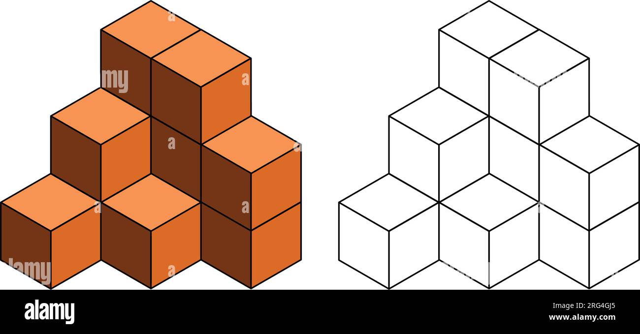 Cubes isométriques 3D pour chaque forme en utilisant les lignes pointillées sur une grille de points. Le dessin au trait est sur une feuille de mathématiques de l'école avec un fond blanc. Illustration de Vecteur