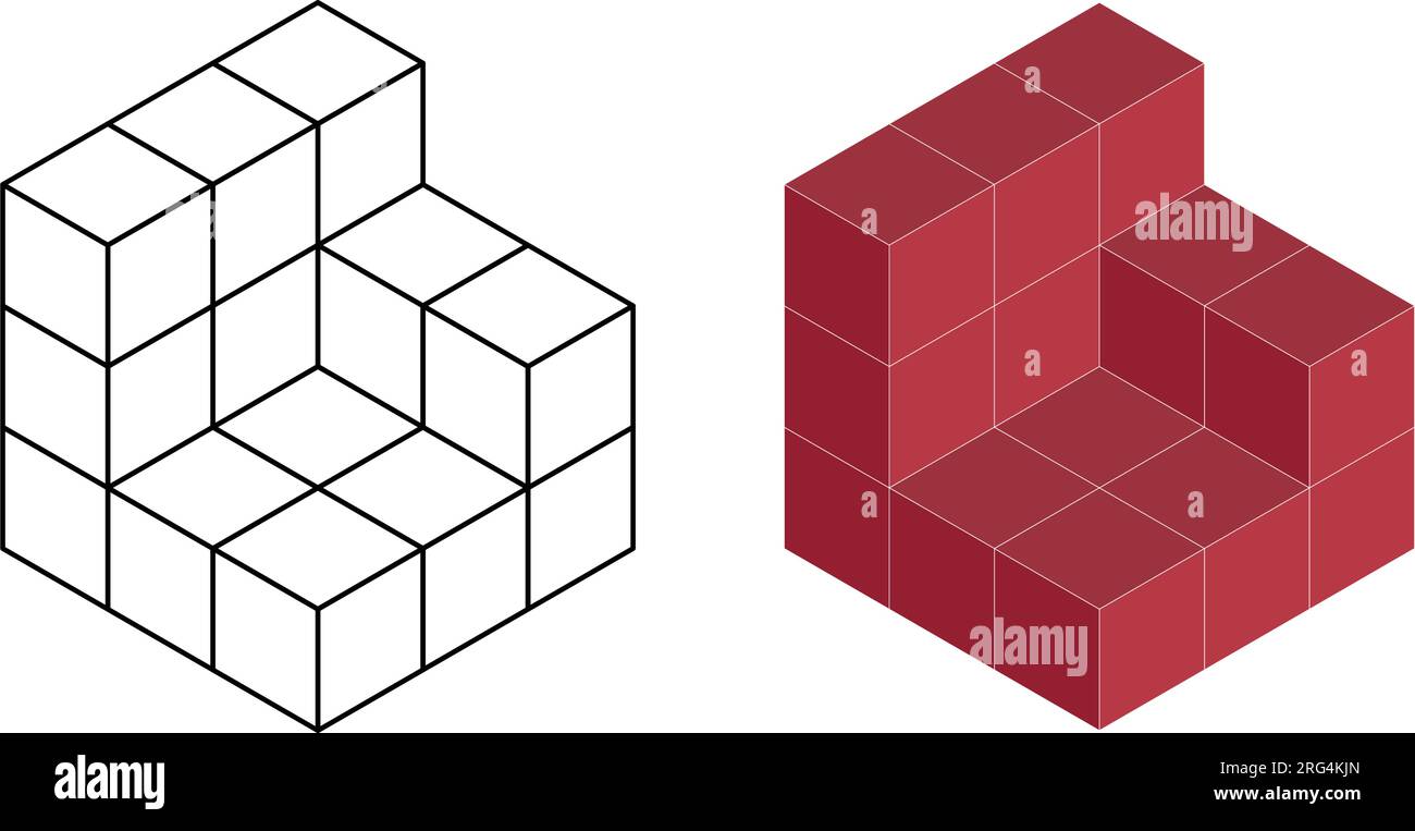 Cubes isométriques 3D pour chaque forme en utilisant les lignes pointillées sur une grille de points. Le dessin au trait est sur une feuille de mathématiques de l'école avec un fond blanc. Illustration de Vecteur