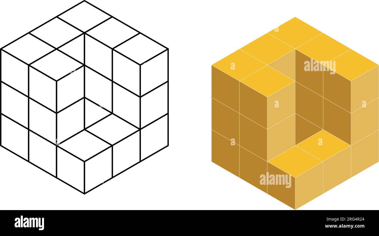 Cubes isométriques 3D pour chaque forme en utilisant les lignes pointillées sur une grille de points. Le dessin au trait est sur une feuille de mathématiques de l'école avec un fond blanc. Illustration de Vecteur