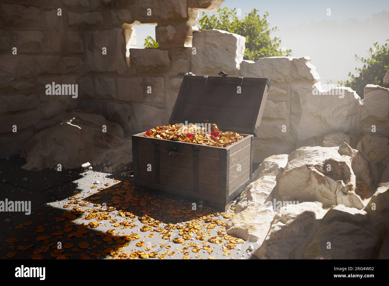 Le vieux coffre ouvert plein de pièces d'or, bijoux et diamants. Chasse au Trésor. Banque D'Images