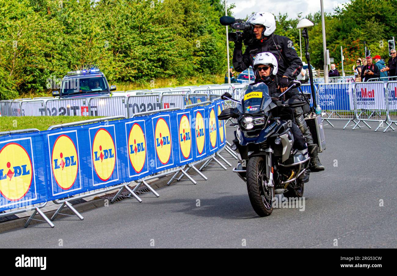 Dundee, Tayside, Écosse, Royaume-Uni. 7 août 2023. Championnats du monde Cyclisme UCI : les Championnats du monde Cyclisme UCI se tiendront dans la ville de découverte, avec un parcours de 22,8km et 89m d’escalade. La Gran Fondo Road Race commence sur West Grange Road à l'est de Dundee. Les coureurs rouleront ensuite vers le nord-est sur Arbroath Road, qui fait partie de l'A92, vers Arbroath avant de tourner vers le nord-est à Salmon's Muir, à trois miles au nord de Carnoustie, et de revenir sur l'A92 jusqu'à la ligne d'arrivée Dundee. Crédit : Dundee Photographics/Alamy Live News Banque D'Images