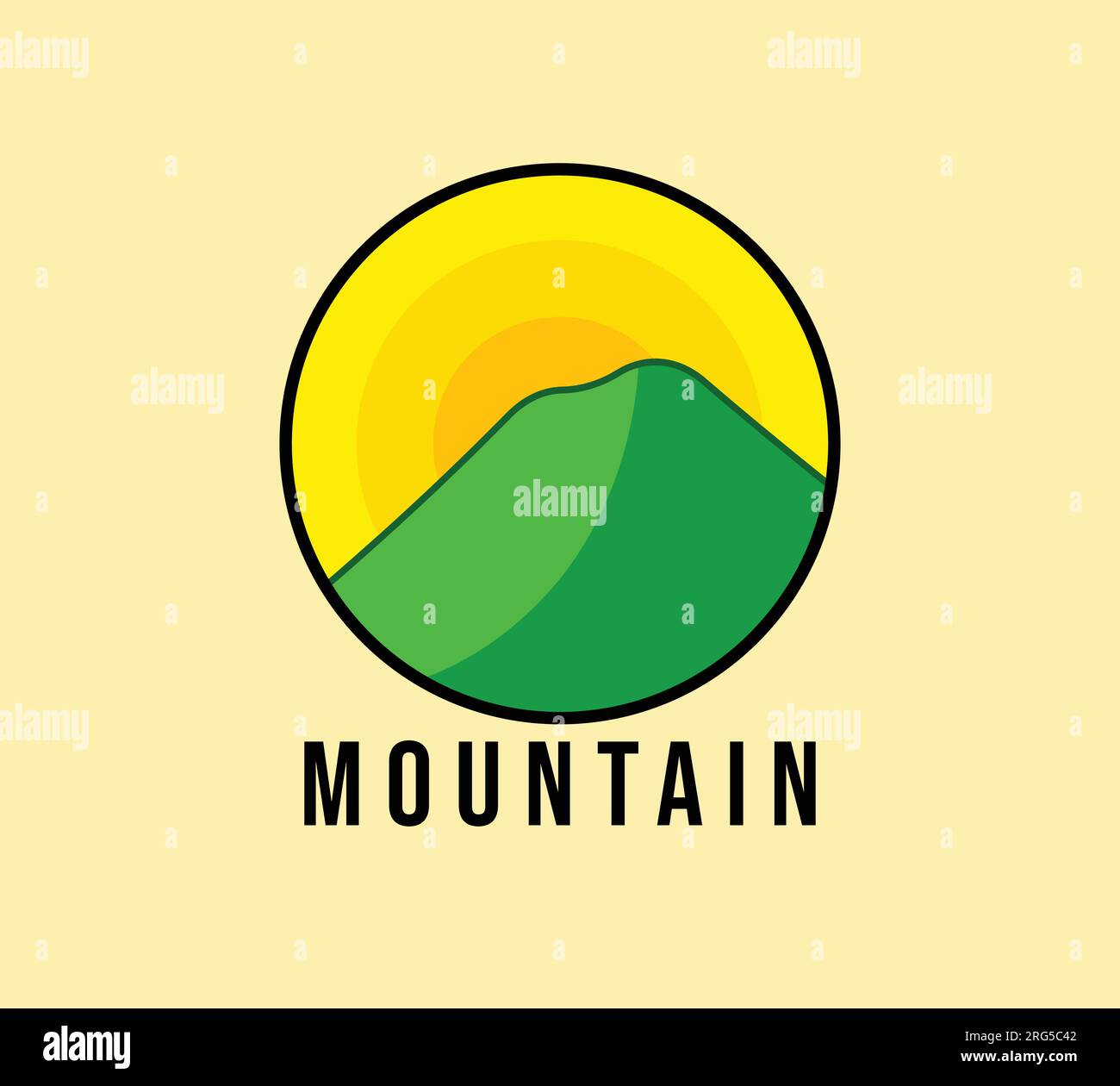 Logo de montagne, logo de montagne et forme de cercle de soleil. Illustration de Vecteur