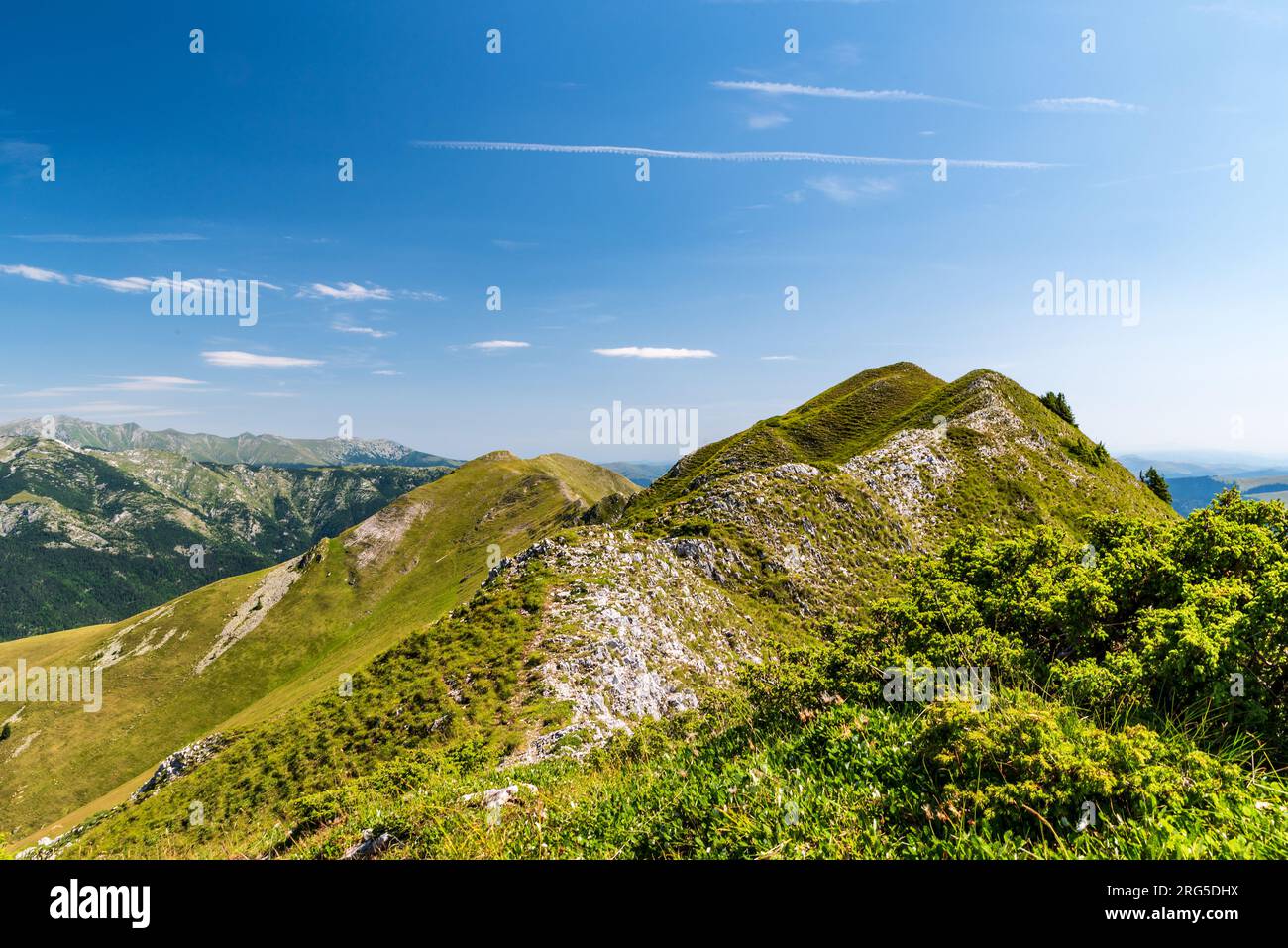 Étroite crête de montagne Oslea dans les montagnes Valcan avec des montagnes Retezat plus élevées sur le fond en Roumanie Banque D'Images