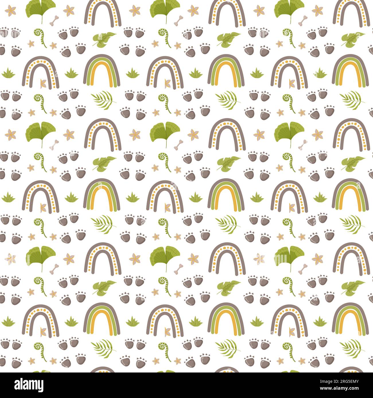 Traces d'empreinte de motif sans couture de dinosaure. Fond de couleur minimal avec patte, pierres, arc-en-ciel. Motif sans couture d'empreinte de dinosaure parfait pour Illustration de Vecteur