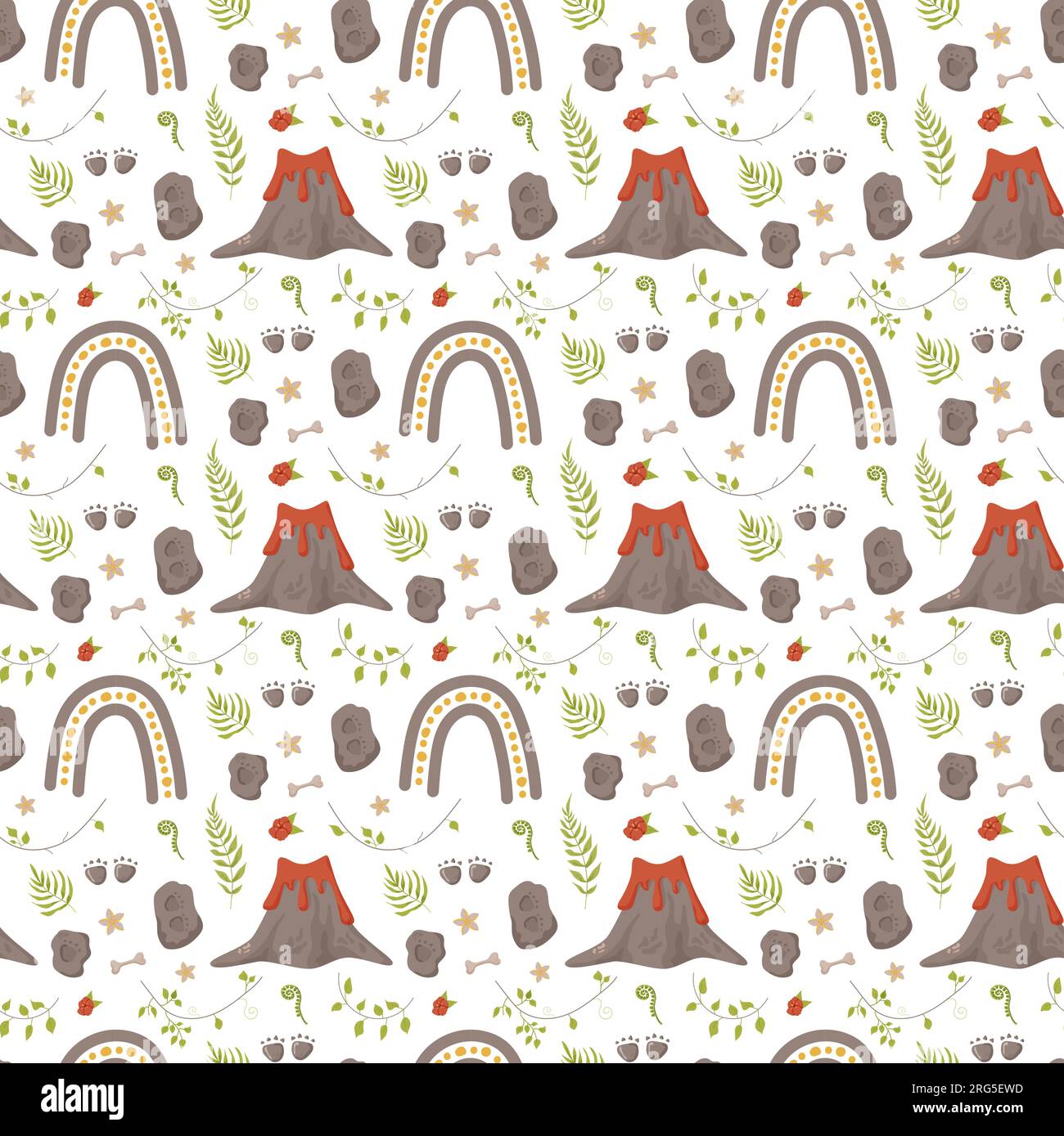 Traces d'empreinte de motif sans couture de dinosaure. Fond de couleur minimal avec patte, pierres, arc-en-ciel. Motif sans couture d'empreinte de dinosaure parfait pour Illustration de Vecteur