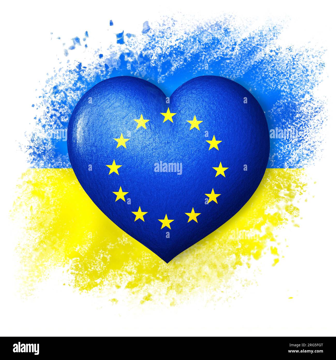 Drapeaux de l'Ukraine et de l'Union européenne. Couleur coeur du drapeau sur le fond du drapeau peint de l'Ukraine. Le concept de protection et de solidarité Banque D'Images