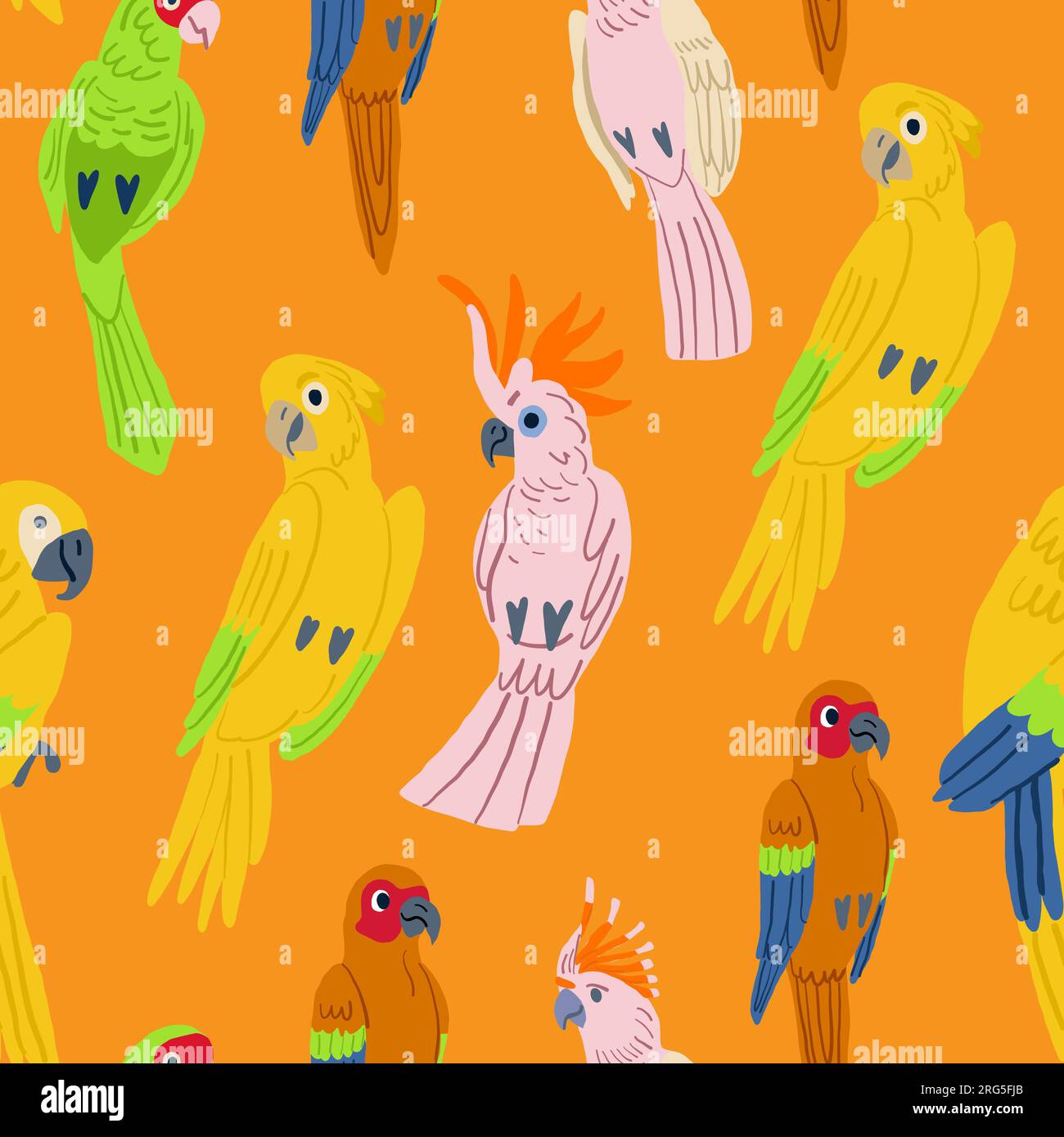Mignons oiseaux tropicaux sur orange. Perroquets et toucan assis sur des branches. Fond de motif tropical sans couture. Illustration vectorielle Illustration de Vecteur