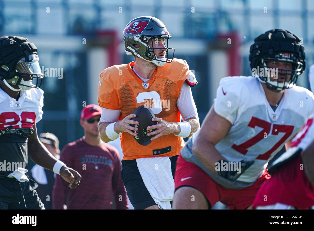 Tampa, Floride, États-Unis, 3 août 2023, Tampa Bay Buccaneers quarterback Kyle Trask lors d'un camp d'entraînement au Centre de formation Advent Health . (Crédit photo : Marty Jean-Louis) Banque D'Images