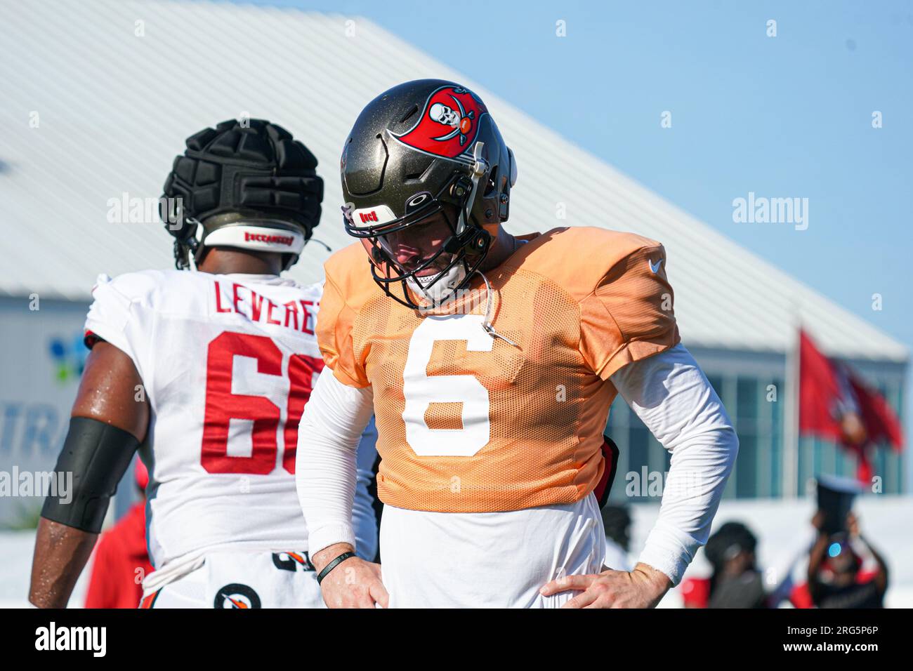 Tampa, Floride, États-Unis, 3 août 2023, Tampa Bay Buccaneers quarterback Baker Mayfield lors d'un camp d'entraînement au Centre de formation de santé Advent . (Crédit photo : Marty Jean-Louis) Banque D'Images