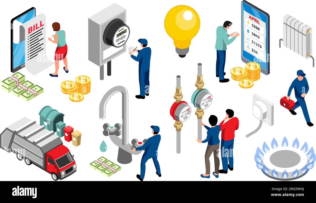 Services publics domestiques ensemble isométrique d'équipements pour la chaleur de gaz d'eau et la consommation d'électricité illustration vectorielle de mesure Illustration de Vecteur