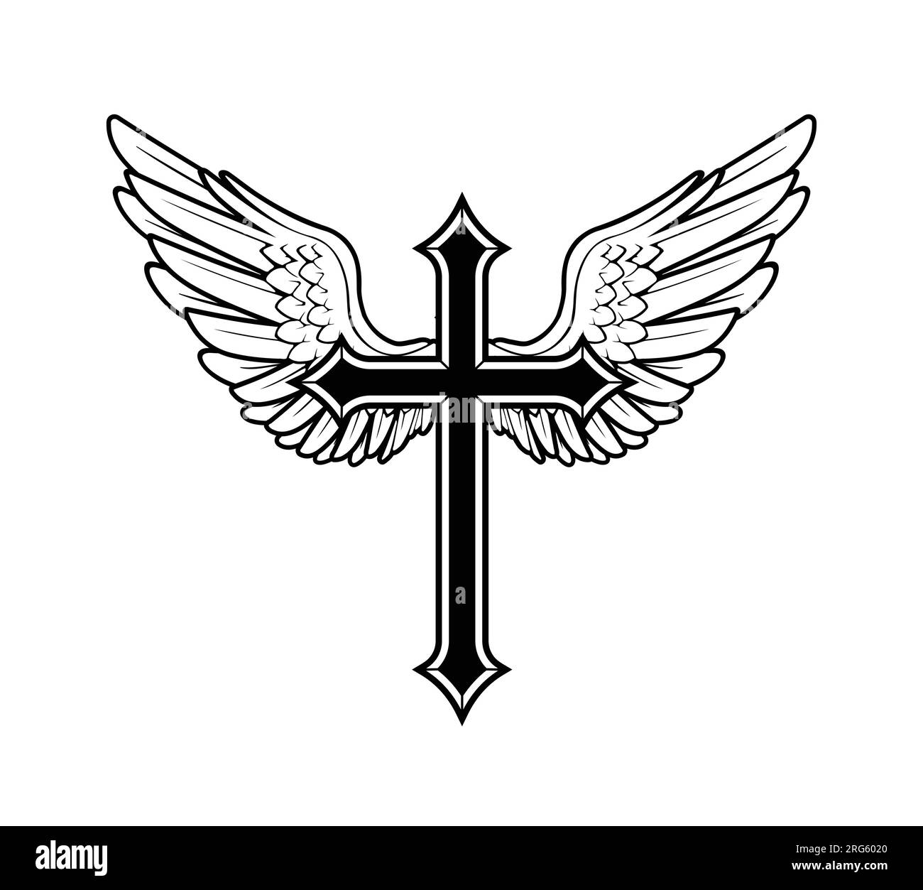Belle croix chrétienne gothique avec vecteur crucifix d'ailes d'ange étendues isolé sur fond blanc Illustration de Vecteur