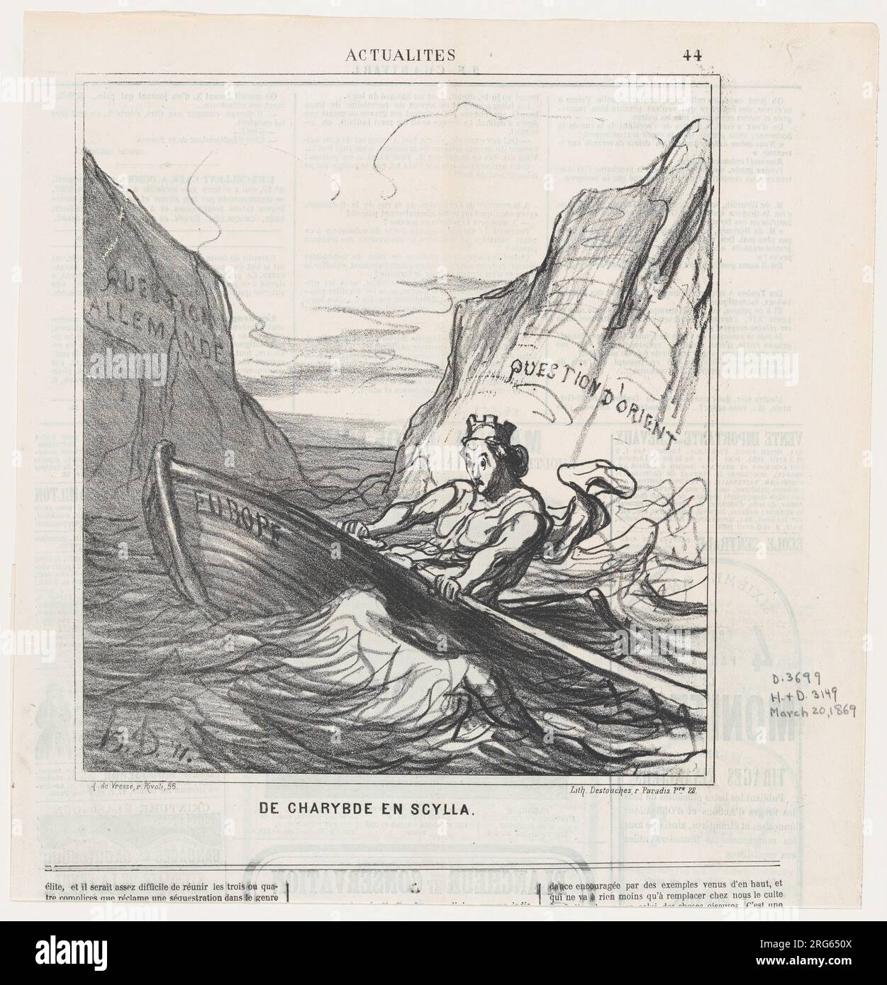 De Scylla à Charybde, de « nouvelles du jour », paru dans le Charivari, 20 mars, 1869 20 mars 1869 par Honoré Daumier Banque D'Images